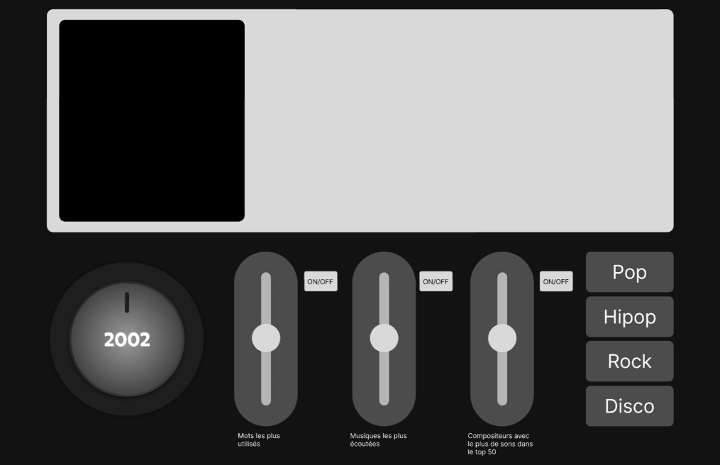 En haut au milieu, il y a un rectangle gris avec dedans un carré noir, un bouton de musique en bas à gauche et 3 sliders comme sur les tables de DJ.