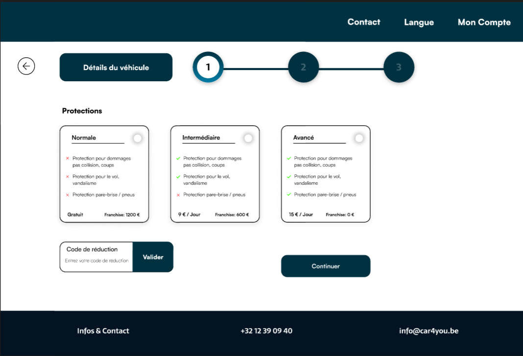 Page de détails du véhicule. 3 options: Normale, intermédiaire et avancé. Fond blanc et boutons avec un fond bleu.