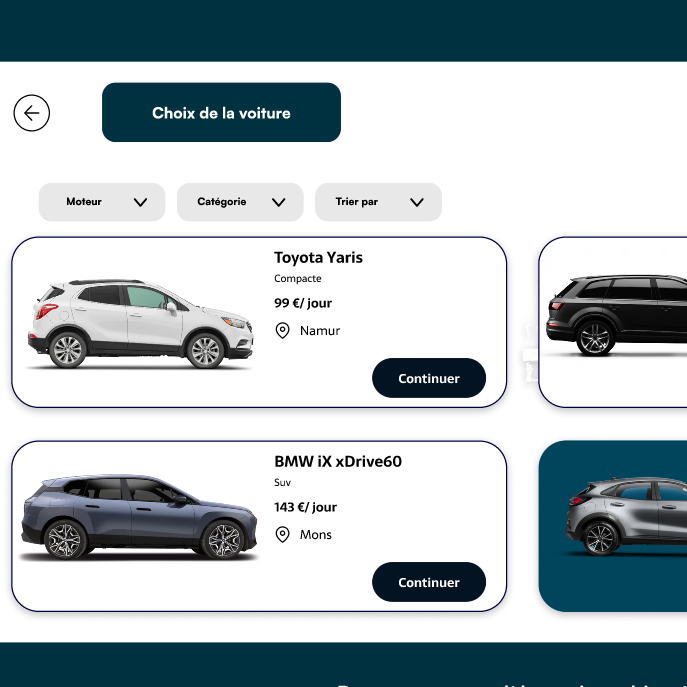 Page Figma avec plusieurs voitures et leurs informations comme le prix, la location, etc...