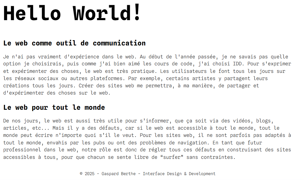 Texte en noir sur fond blanc. 1 titre, 2 sous-titres et 2 paragraphes.