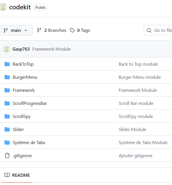 Liste de tous les modules du projet Codekit les uns en dessous des autres.