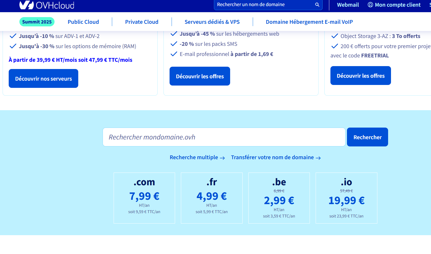 Page d'accueil d'OVH. Boutons avec un fond bleu et texte blanc. Le bleu est présent un peu partout.