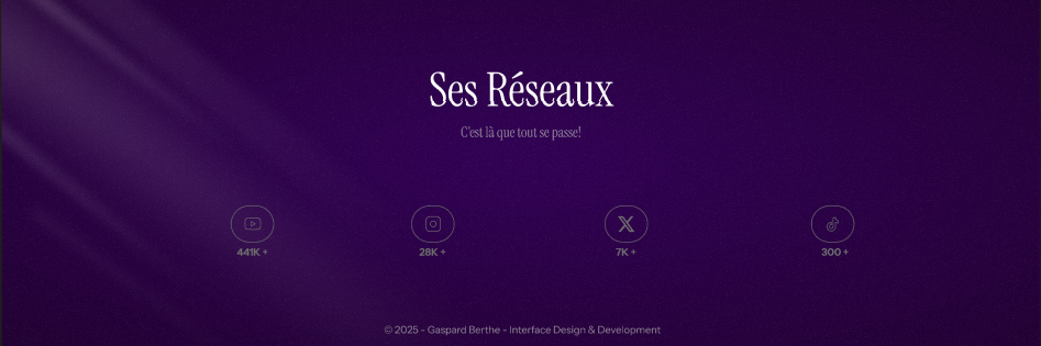 Footer avec en grand: Ses réseaux. Fond mauve et source de lumière en haut à gauche