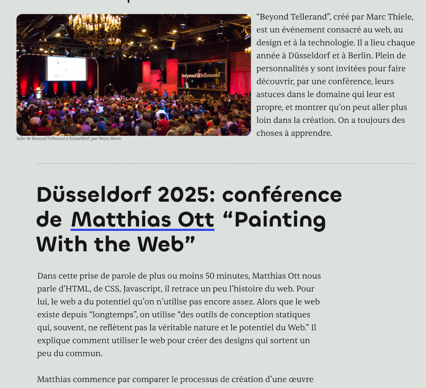 Page web de ma newsletter sur la conférence de Matthias Ott à Beyond Tellerand. Photo du public et du texte d'explication à côté.