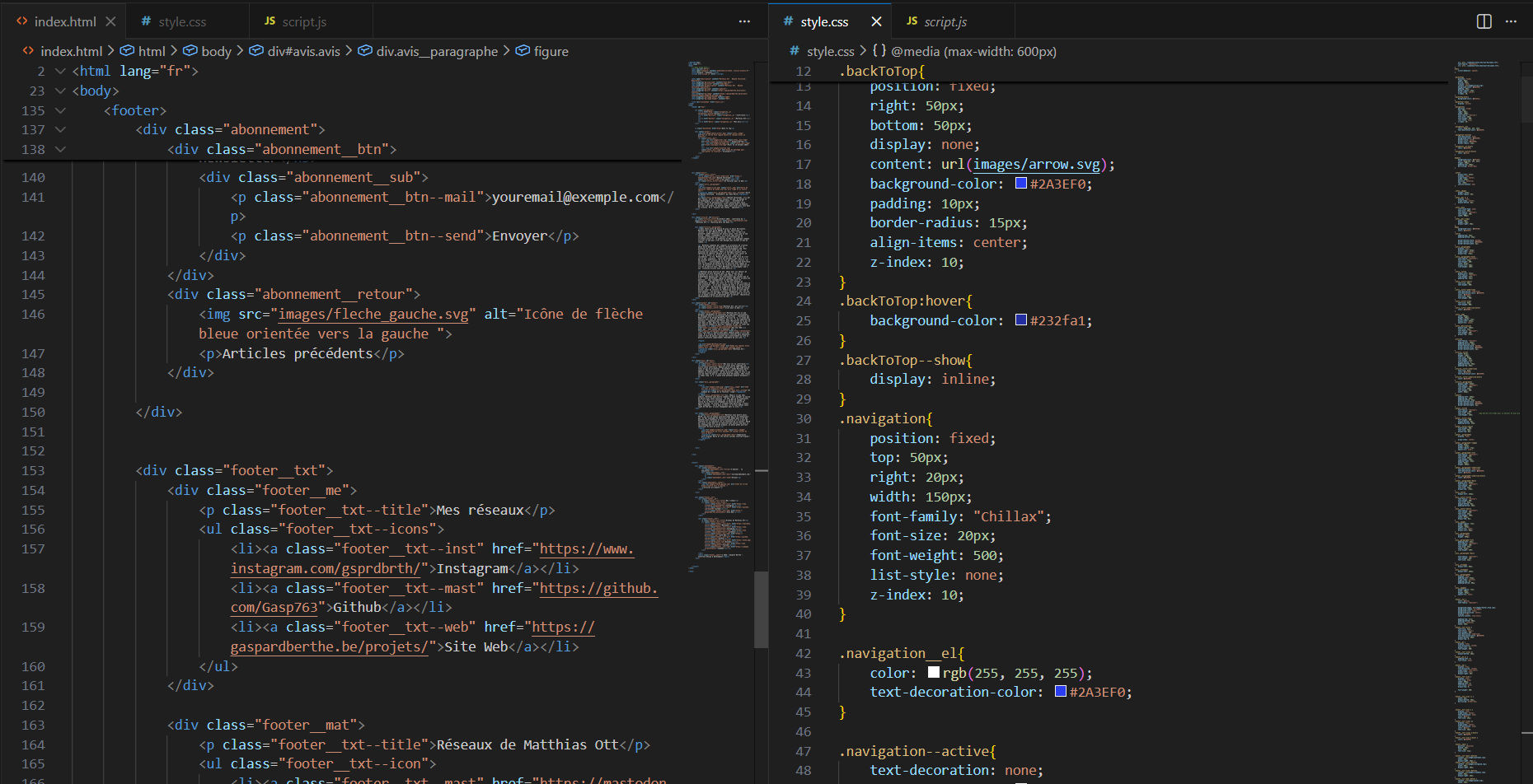 PArtie de code dans Visual Studio Code en HTML et CSS. Fond noir et le texte est orange, bleu foncé et clair.