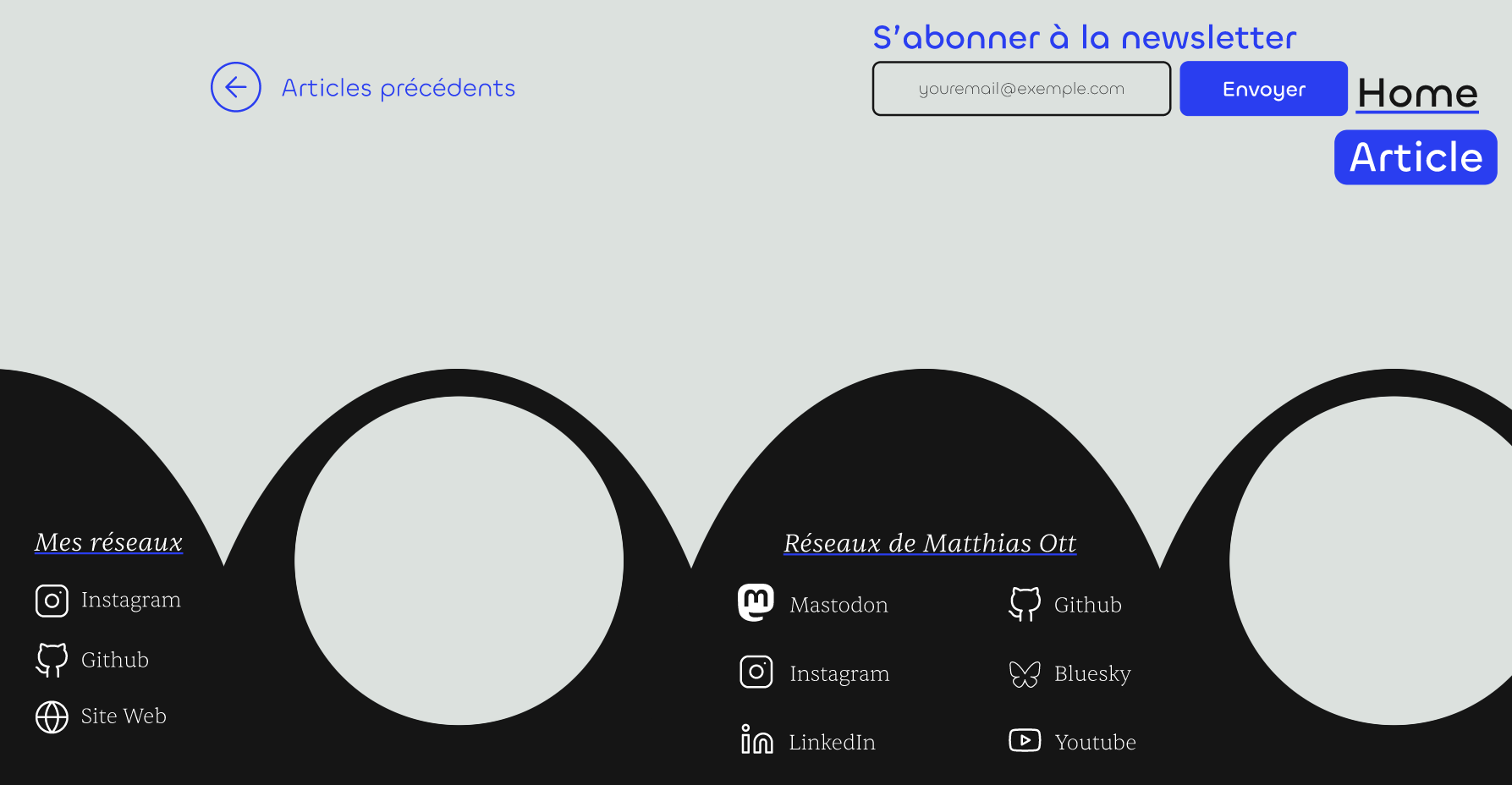 Footer au fond noir et fait de formes rondes avec des sortes de trous dedans. Différents réseaux à gauche et au milieu.