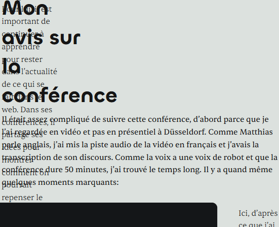 Gros titre Avis sur la conférence avec du texte en-dessous. Un texte est empilé sur un autre texte.