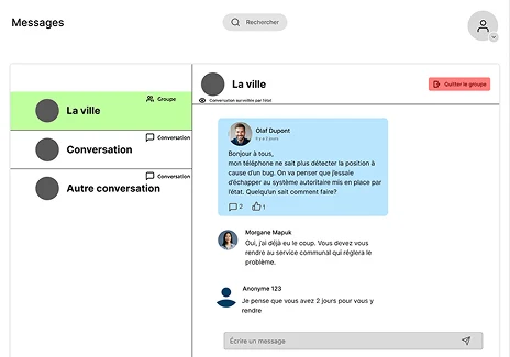 Navigation de conversations sur le coté à gauche et les messages prennent le reste de l'espace.