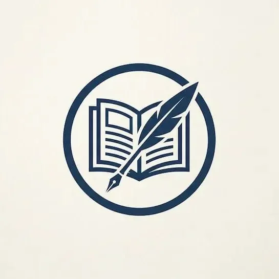 Livre bleu et plume bleue devant, tout dans un cercle bleu et devant un fond blanc
