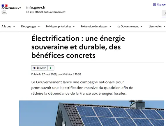 Article du gouvernement francais avec en haut à gauche le drapeau francais, le titre en grand au milieu de la page et un paragraphe en dessous.