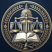 Tribunal avec devant une balance et un livre, le tout entouré de laurier et devant un fond bleu