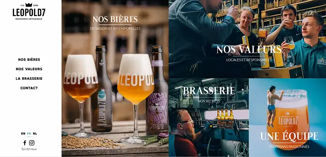 Page web d'accuei. de la bière Leopold7 découpée en 5 blocs avec des photos dans les blocs
