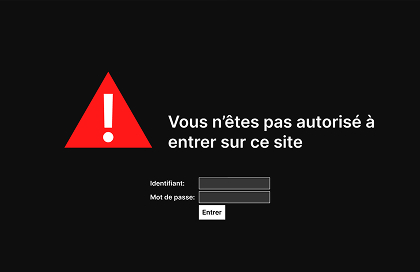 Fond noir avec gros logo Warning et texte qui dit qu'on n'est pas autorisé à entrer sur le site web + des options pour se connecter